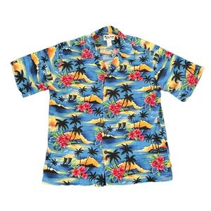 Mens Howie Vibrant Blue Hawaiian Sunset Palm tree Casual Button Up Shirt Size L